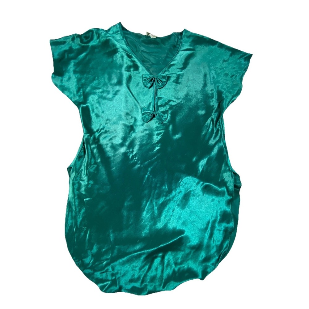 Vintage Dentelle Nightgown Nightie Womens Medium Emerald Green Satin V-Neck Bow